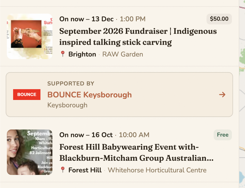 Events list Supported by card example